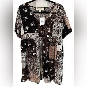 HIATUS Patch work Floral & Animal Print Babydoll Dress, Size M
